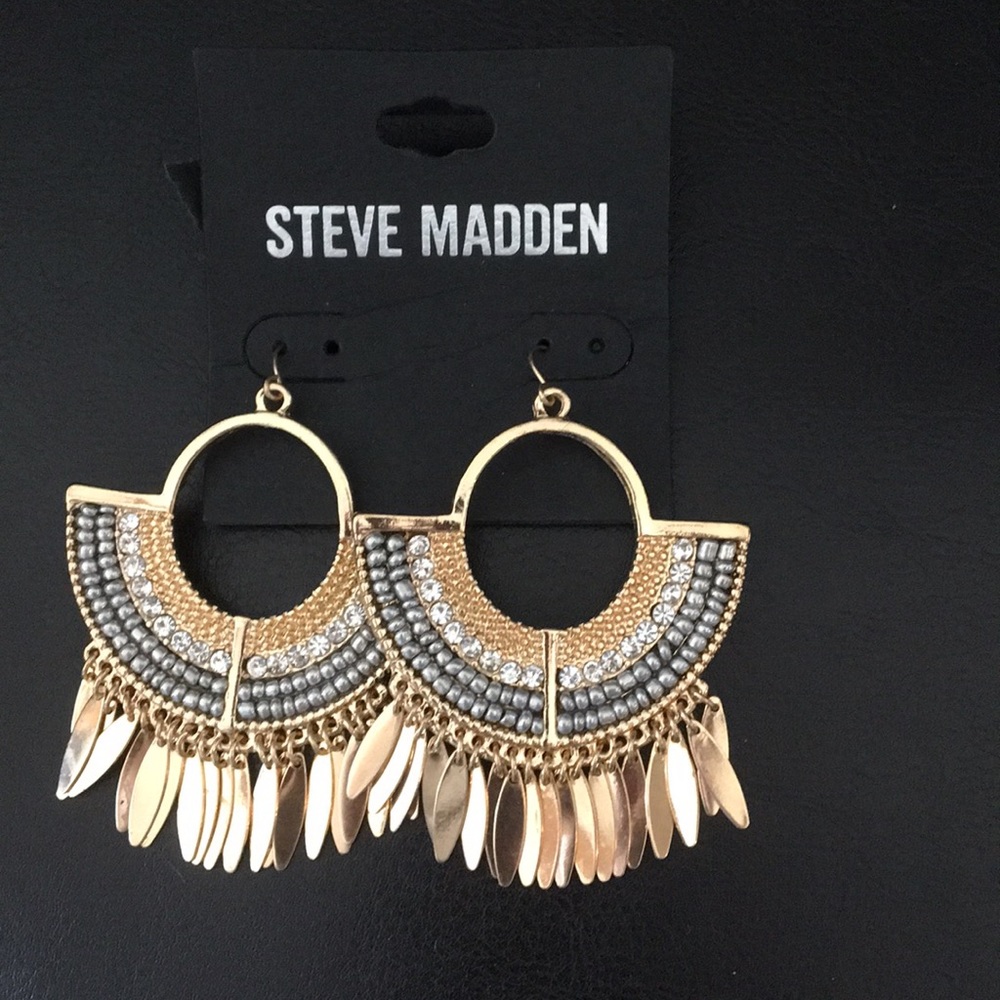 Steve Madden Gold Tone Beaded Fringe Hoop Earrings